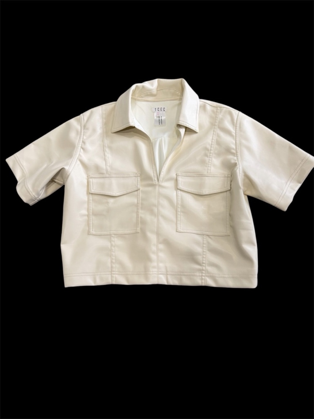 Short-Sleeve Faux Leather Shirt Top in Cream. New without tags